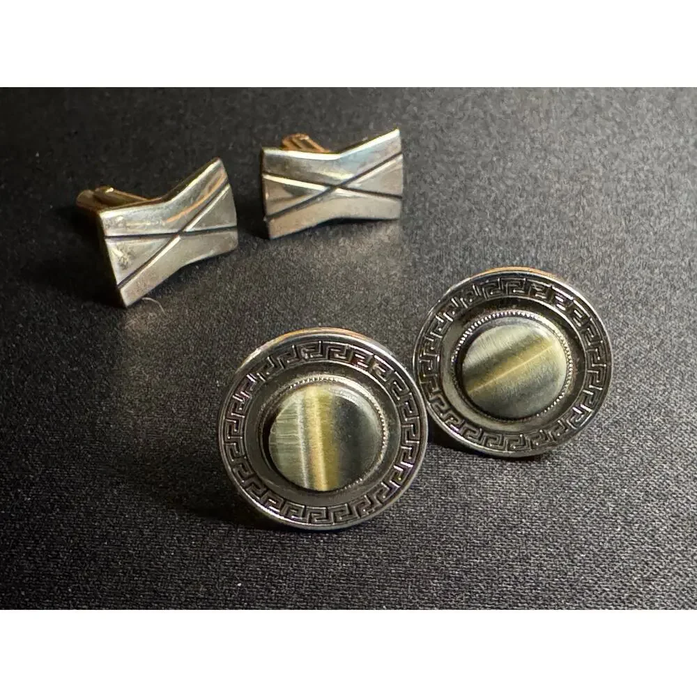 2 Pair of Vintage Cuff Links Silver Agate & Gold Tone Bowtie